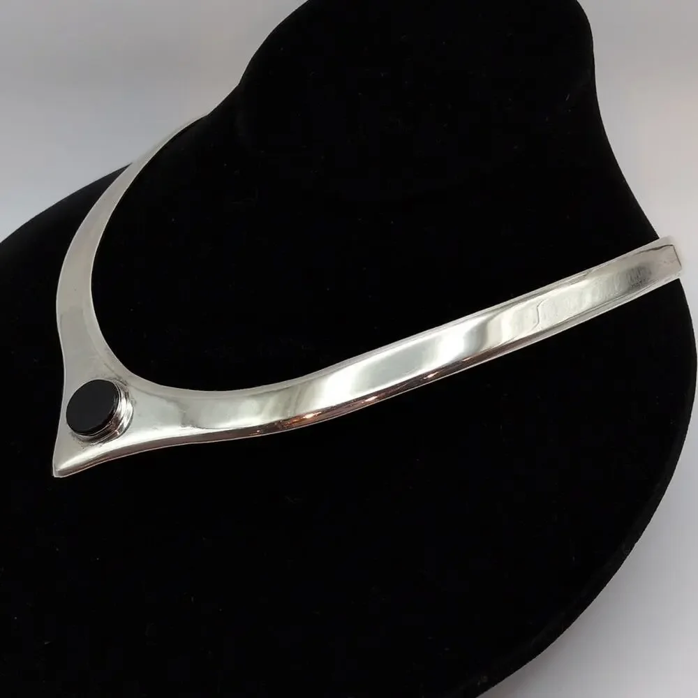 Vintage Taxco Mexico Sterling Silver 925 Onyx Pointed Collar Necklace 54g - Picture 4 of 8